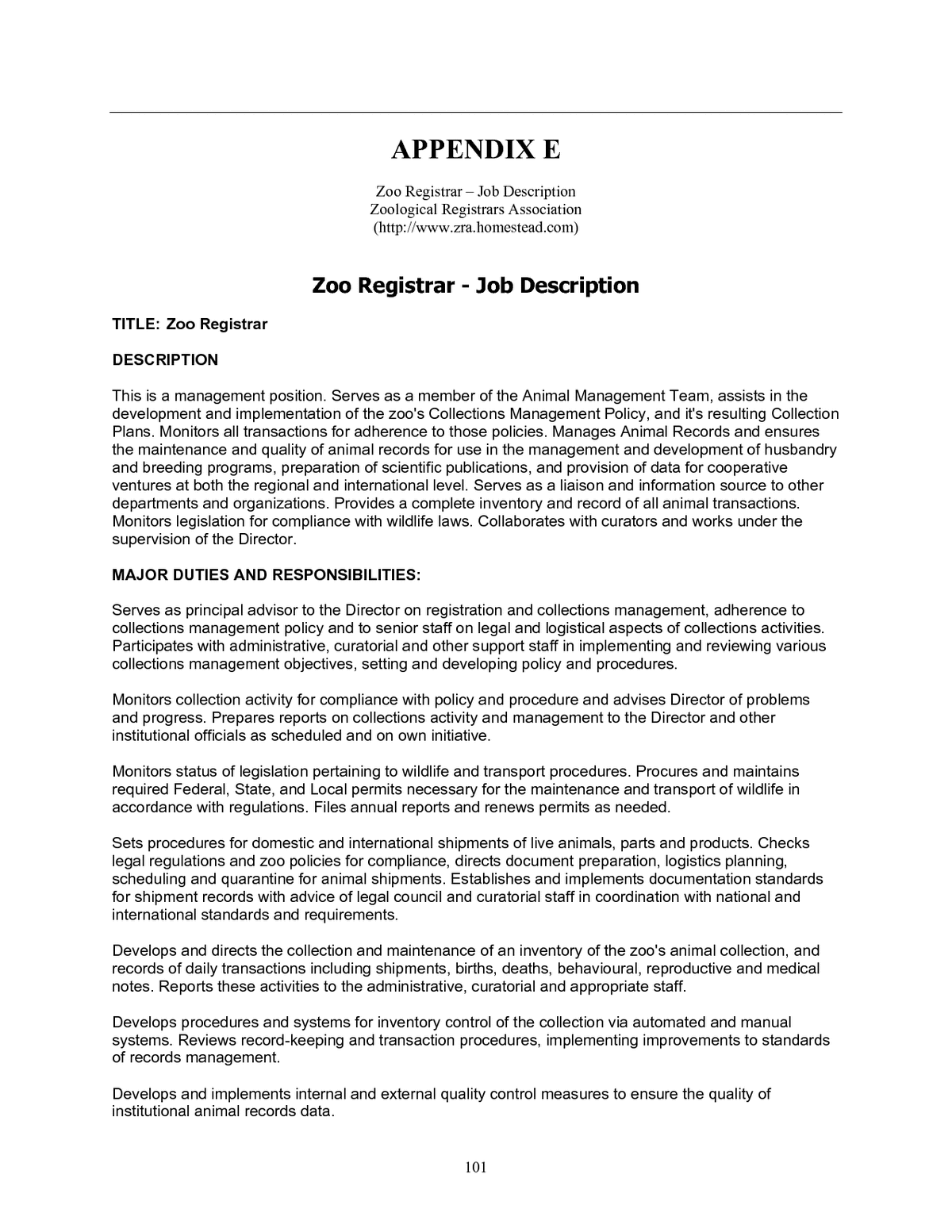 E Zoo Registrar Job Description | Animal Care and Management at the  National Zoo: Interim Report |The National Academies Press