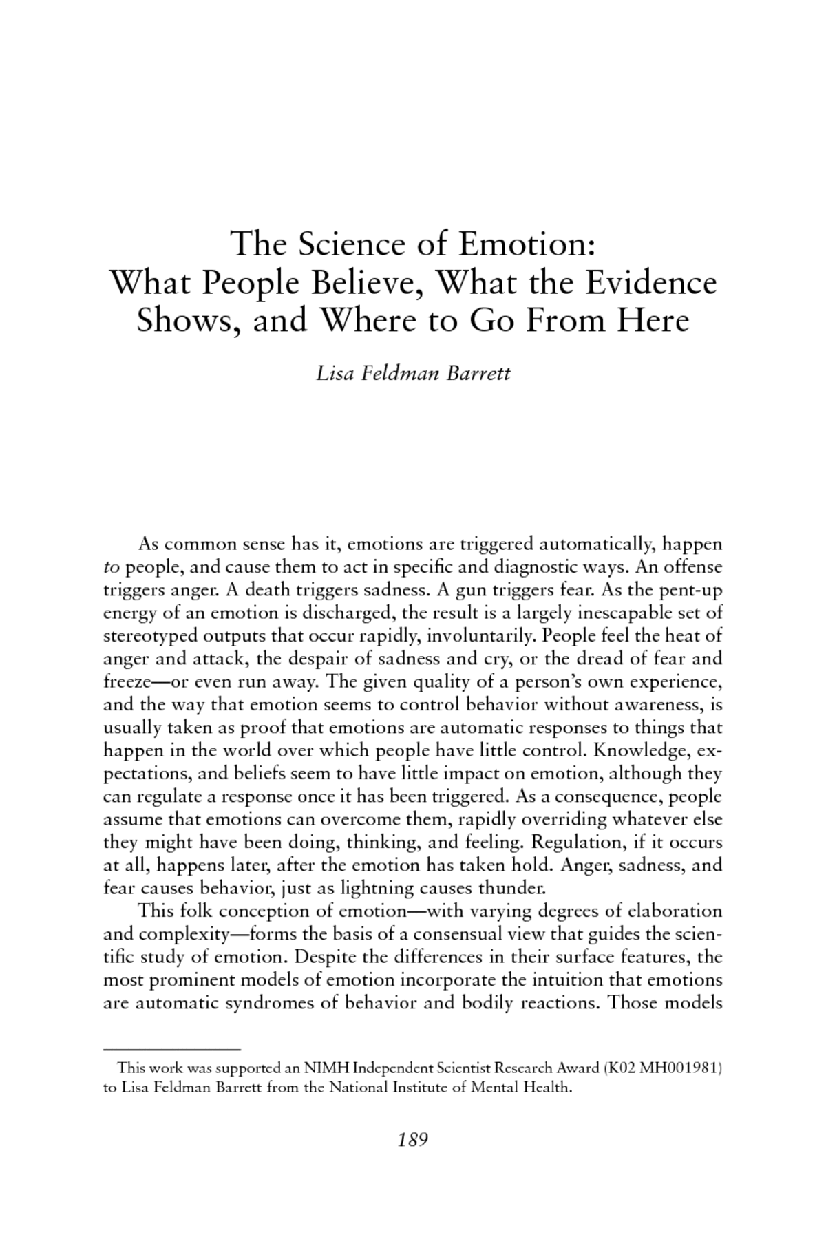 The Science of Emotion: What People Believe, What the Evidence Shows, and  Where to Go From Here--Lisa Feldman Barrett, Human Behavior in Military  Contexts