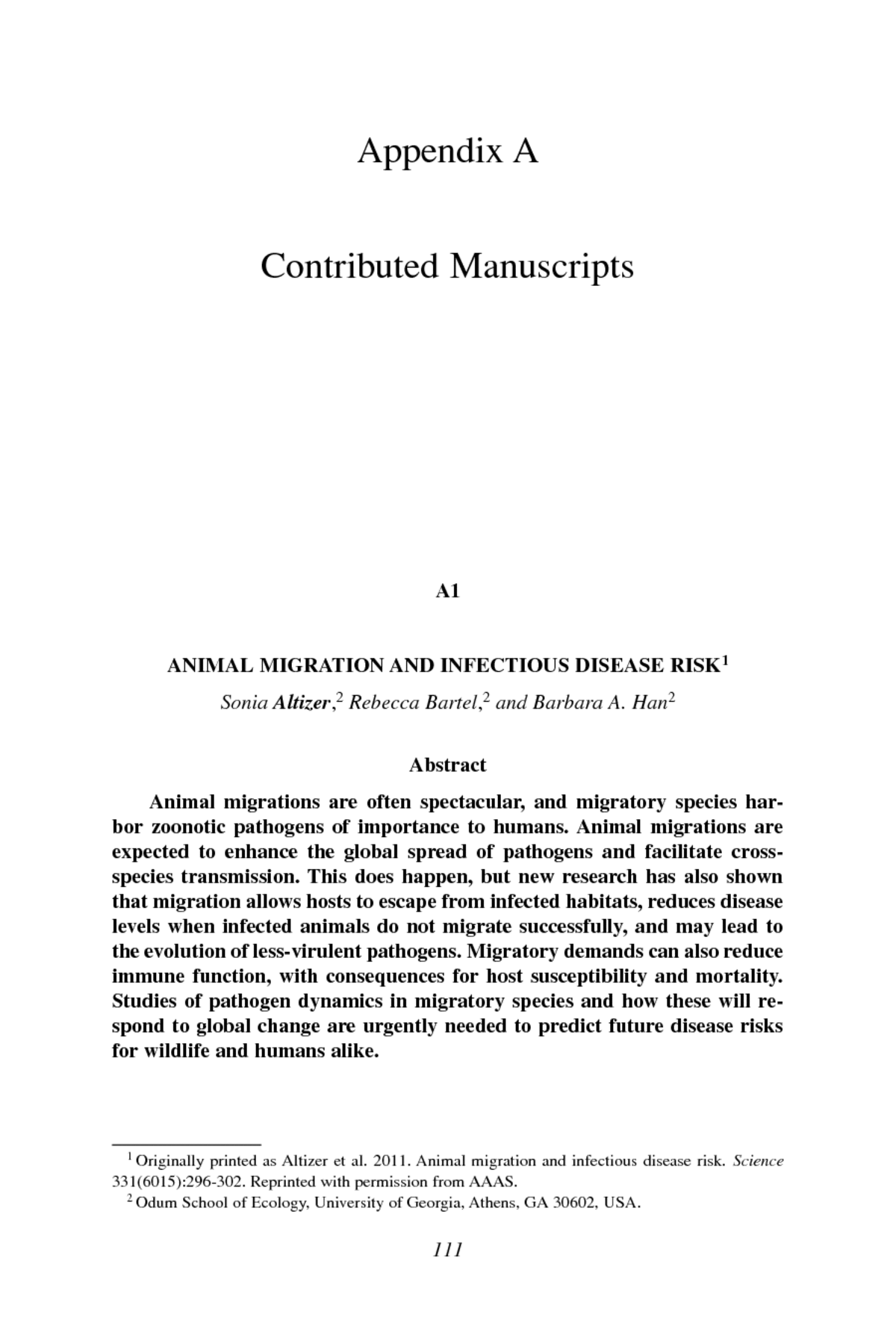Appendix A: Contributed Manuscripts, The Influence of Global Environmental  Change on Infectious Disease Dynamics: Workshop Summary