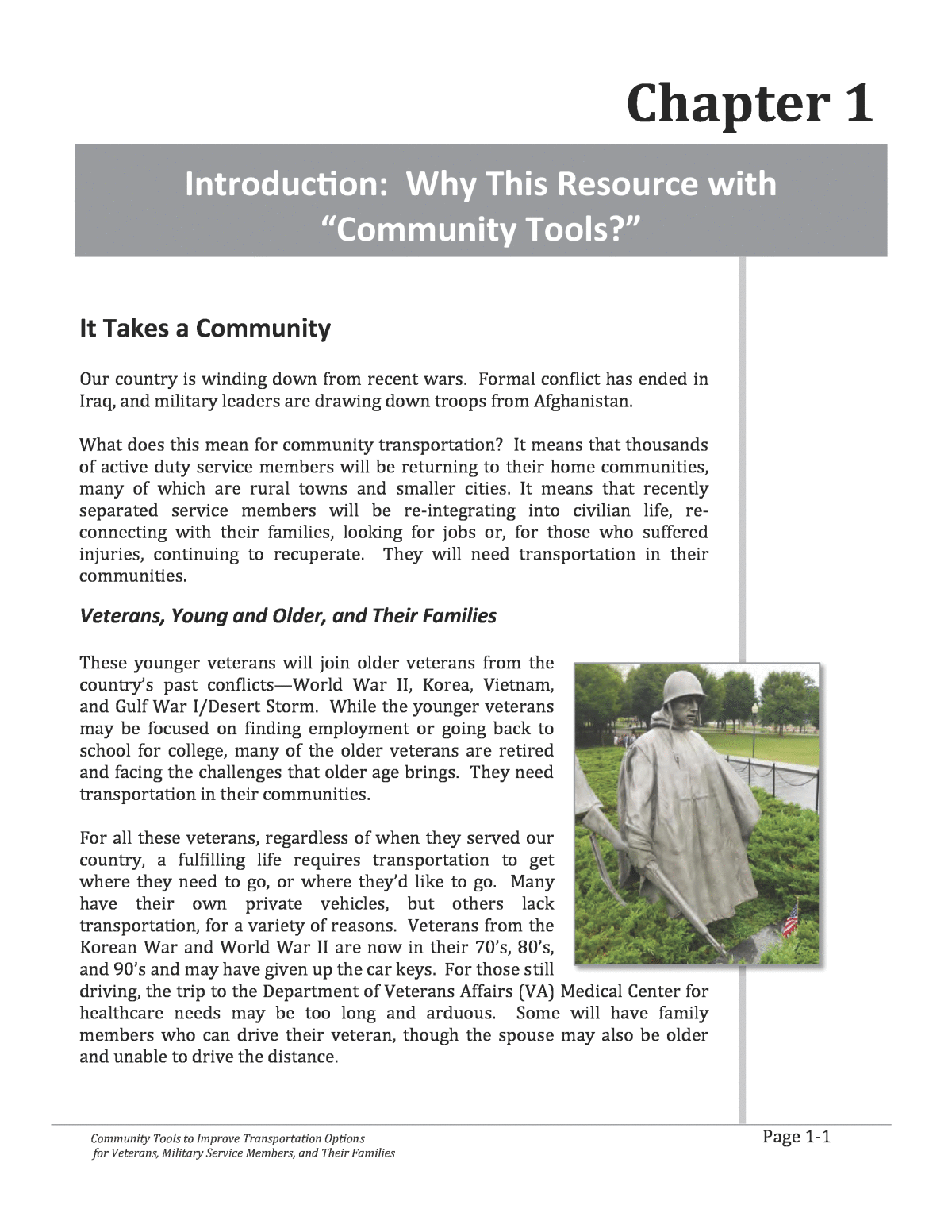 Chapter 1 - Introduction: Why This Resource with Community Tools?, Community Tools to Improve Transportation Options for Veterans, Military  Service Members, and Their Families