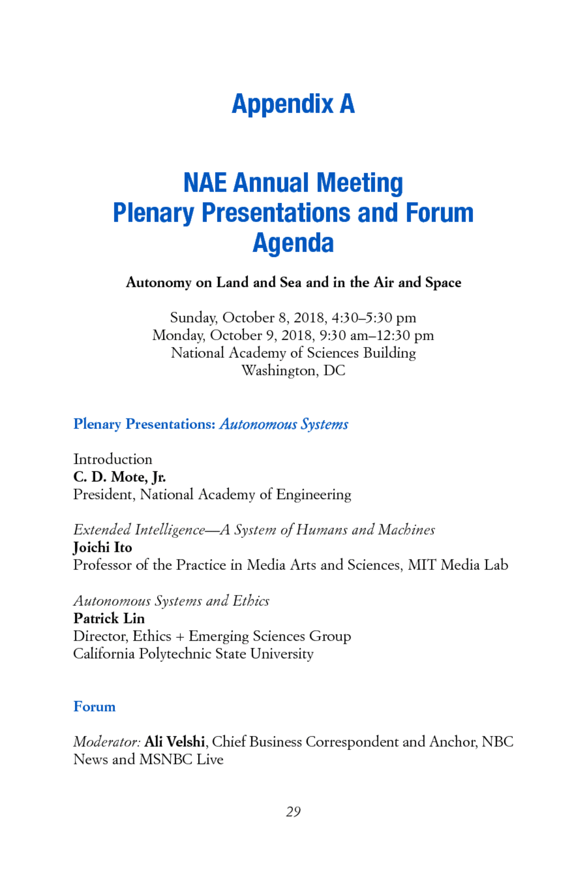 Appendix A NAE Annual Meeting Plenary Presentations and Forum Agenda