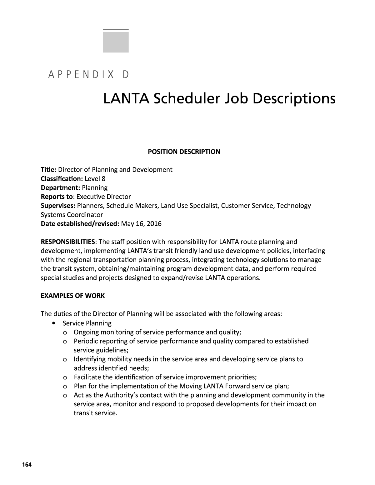 Appendix D LANTA Scheduler Job Descriptions Managing the Transit