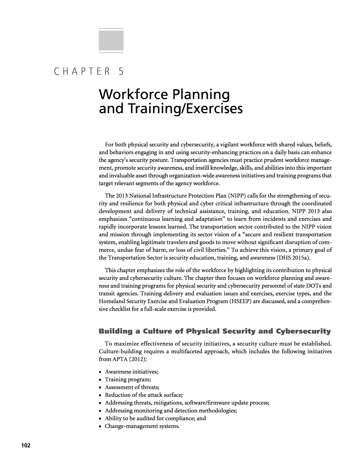 Chapter 5 - Workforce Planning and Training/Exercises, Update of Security  101: A Physical Security and Cybersecurity Primer for Transportation  Agencies
