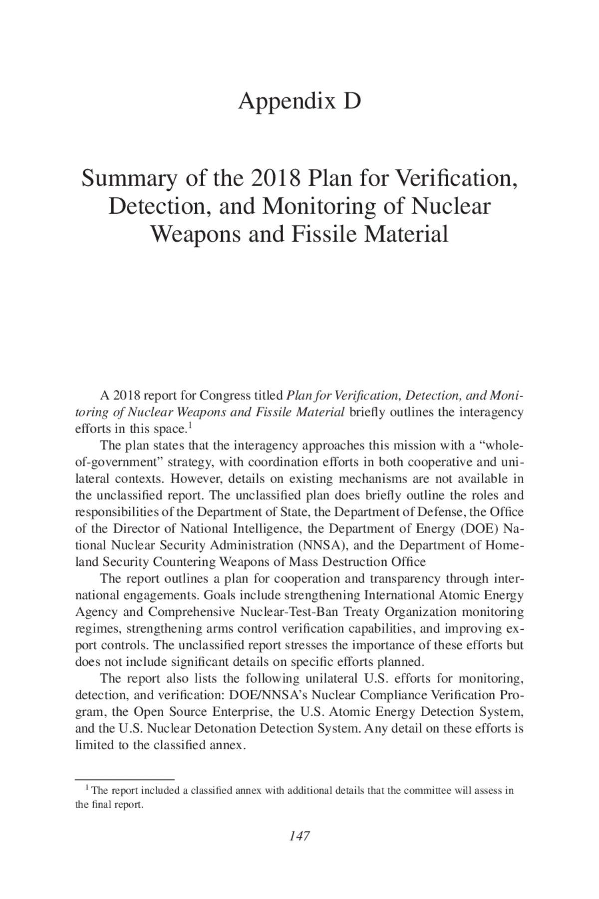 Appendix D Summary Of The 2018 Plan For Verification Detection And Monitoring Of Nuclear