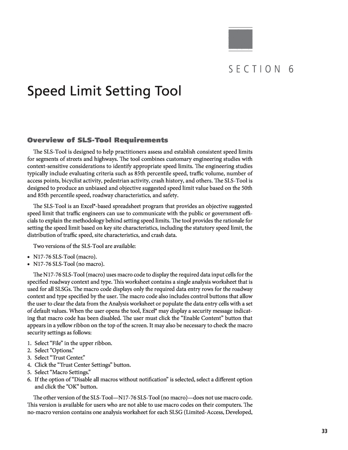 Section 6 - Speed Limit Setting Tool, Posted Speed Limit Setting Procedure  and Tool: User Guide