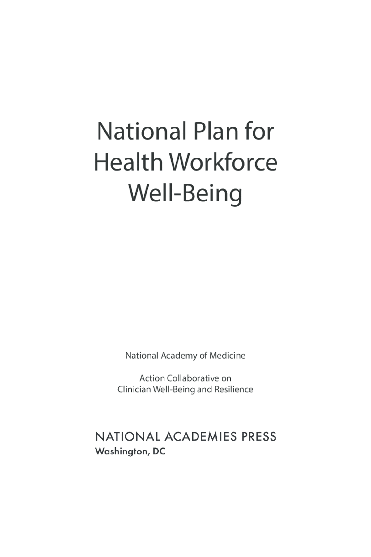 Front Matter National Plan for Health Workforce WellBeing The
