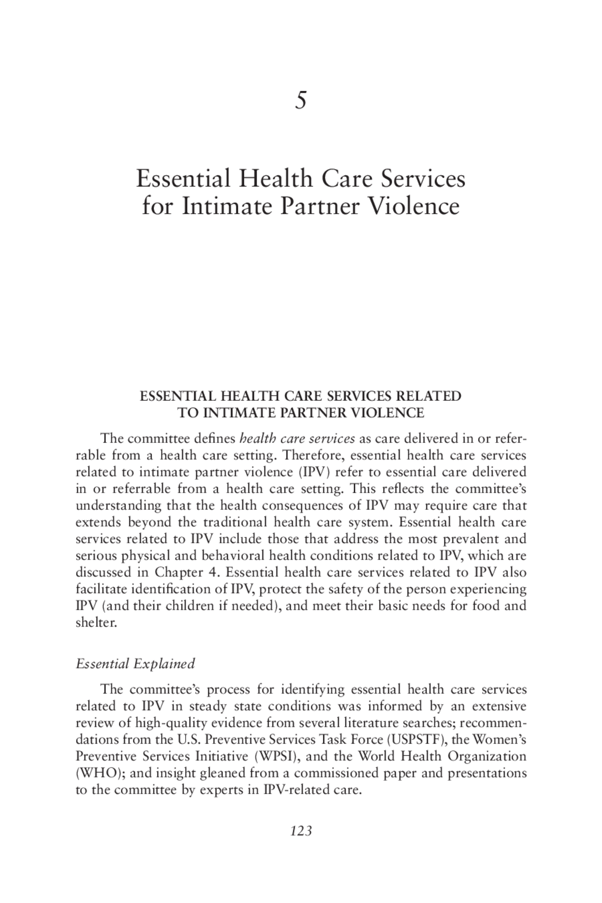 5 Essential Health Care Services for IPV | Essential Health Care Services  Addressing Intimate Partner Violence | The National Academies Press