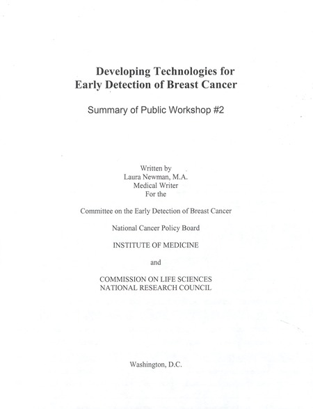 Cover:Developing Technologies for Early Detection of Breast Cancer: Summary of Public Workshop #2
