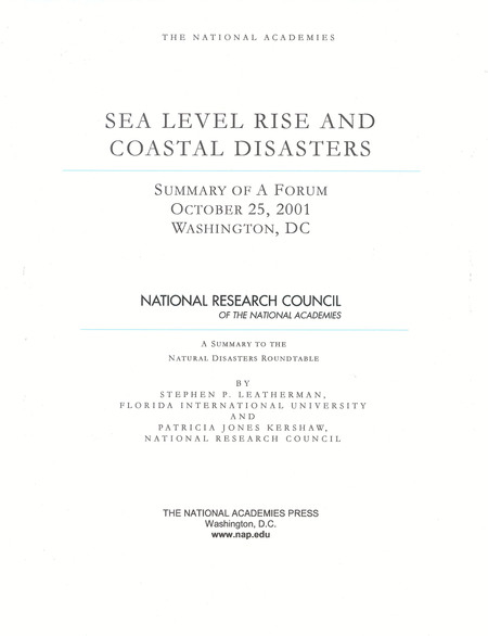 Sea Level Rise and Coastal Disasters: Summary of a Forum, October 25, 2001, Washington DC