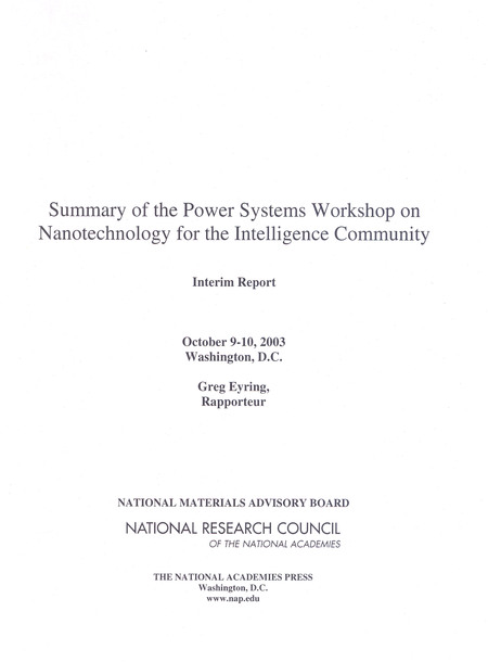 Cover: Summary of the Power Systems Workshop on Nanotechnology for the Intelligence Community: Interim Report
