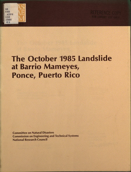 Cover: The October 1985 Landslide at Barrio Mameyes, Ponce, Puerto Rico