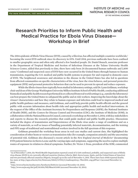 Research Priorities to Inform Public Health and Medical Practice for Ebola Virus Disease: Workshop in Brief
