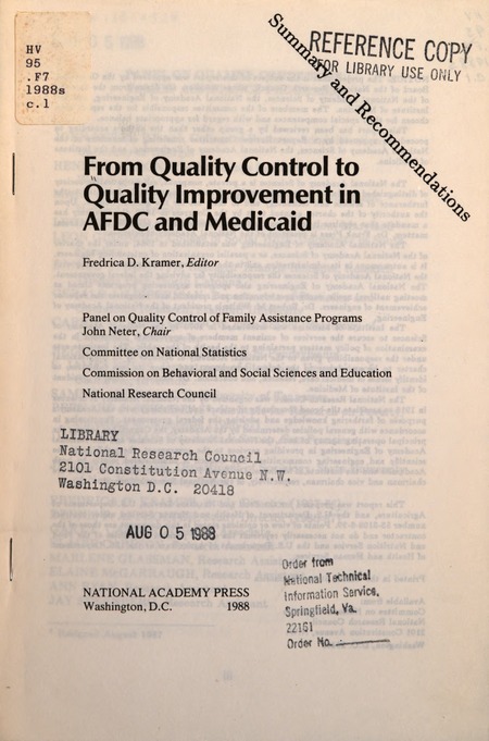 From Quality Control to Quality Improvement in AFDC and Medicaid: Summary and Recommendations