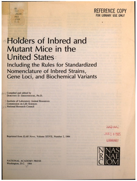 Holders of Inbred and Mutant Mice in the United States: Including the Rules for Standardized Nomenclature of Inbred Strains, Gene Loci and Biochemical Variants