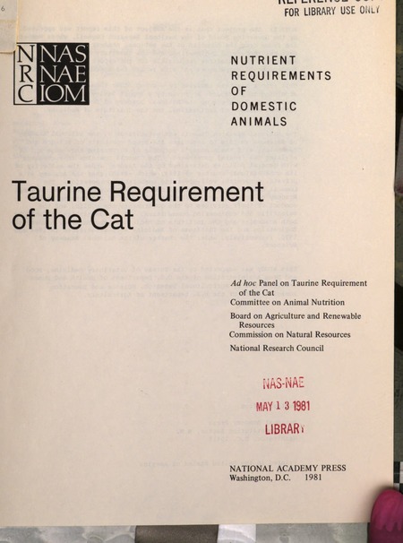 Cover: Taurine Requirement of the Cat