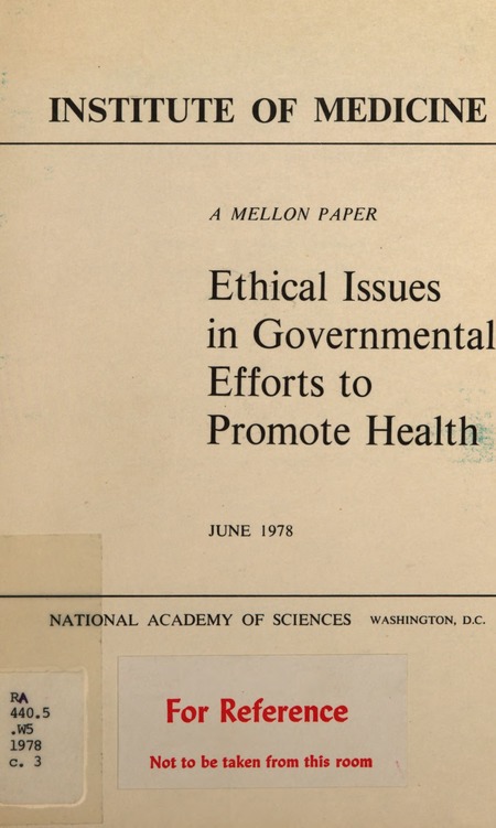 Cover: Ethical Issues in Governmental Efforts to Promote Health