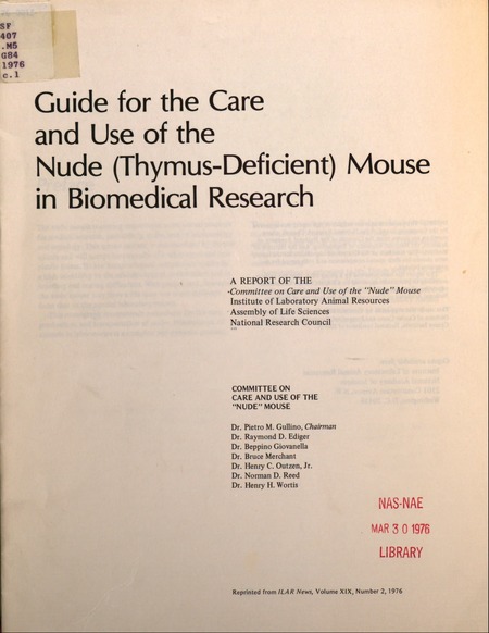 Guide for the Care and Use of the Nude (Thymus-Deficient) Mouse in Biomedical Research