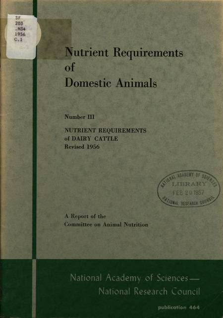 Nutrient Requirements of Domestic Animals: Nutrient Requirements of Dairy Cattle