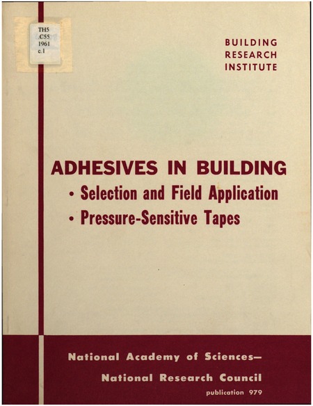 Cover: Adhesives in Building: Selection and Field Application; Pressure-Sensitive Tapes