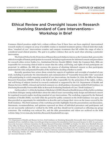 Ethical Review and Oversight Issues in Research Involving Standard of Care Interventions: Workshop in Brief