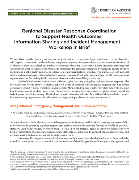 Regional Disaster Response Coordination to Support Health Outcomes: Information Sharing and Incident Management: Workshop in Brief