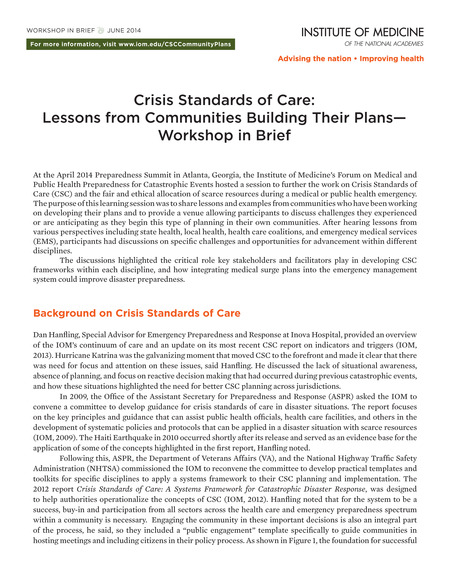 Cover: Crisis Standards of Care: Lessons from Communities Building Their Plans: Workshop in Brief