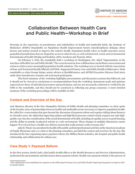 Collaboration Between Health Care and Public Health: Workshop in Brief