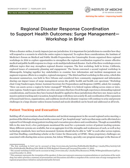 Cover: Regional Disaster Response Coordination to Support Health Outcomes: Surge Management: Workshop in Brief