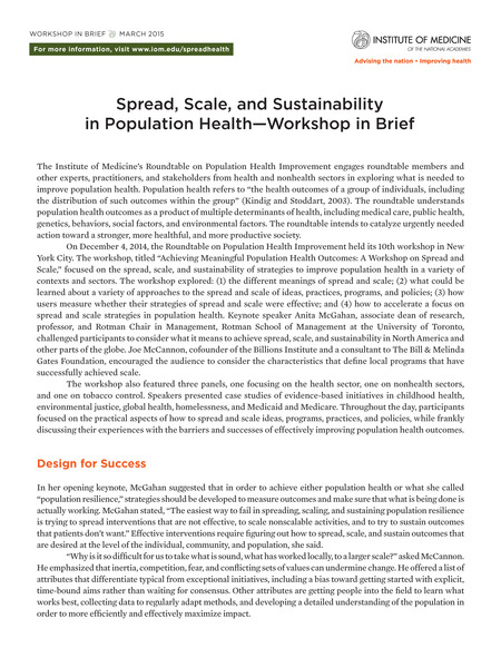 Cover: Spread, Scale, and Sustainability in Population Health: Workshop in Brief