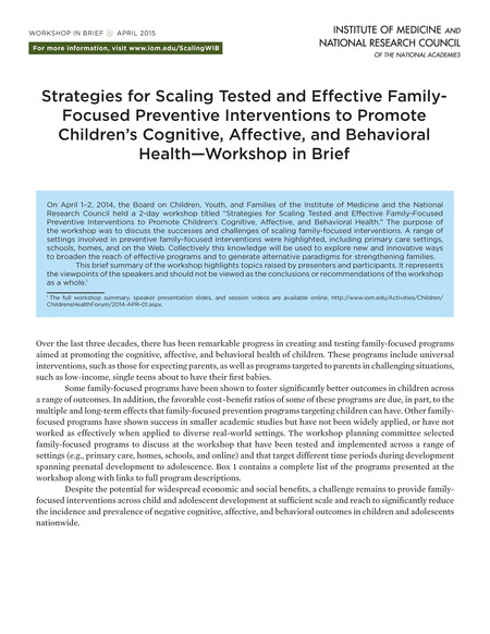 Strategies for Scaling Tested and Effective Family-Focused Preventive Interventions to Promote Children's Cognitive, Affective, and Behavioral Health: Workshop in Brief