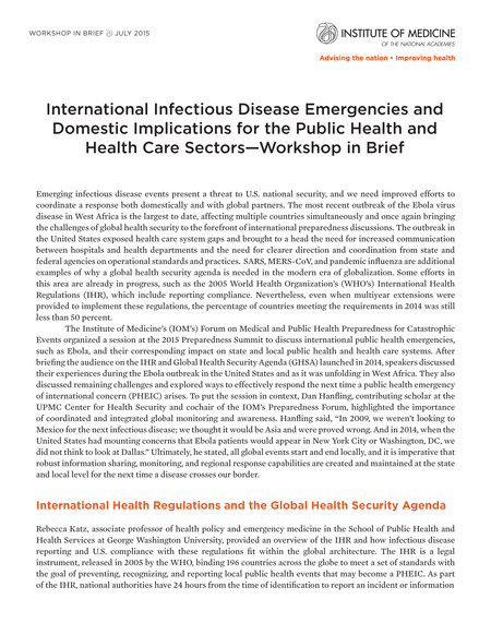 International Infectious Disease Emergencies and Domestic Implications for the Public Health and Health Care Sectors: Workshop in Brief