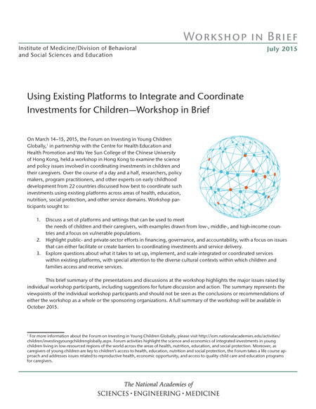 Cover: Using Existing Platforms to Integrate and Coordinate Investments for Children: Workshop in Brief