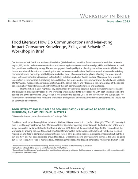 Food Literacy: How Do Communications and Marketing Impact Consumer Knowledge, Skills, and Behavior? Workshop in Brief
