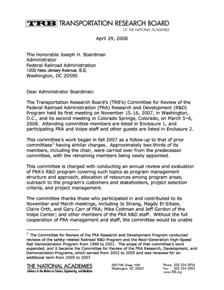 Review of the Federal Railroad Administration Research and Development Program: Letter Report April 2008