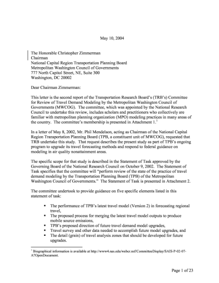 Review of Travel Demand Modeling by the Metropolitan Washington Council of Governments: Second Letter Report