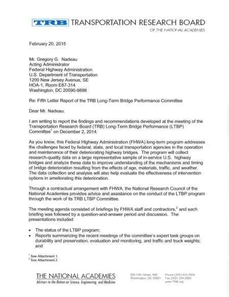 Cover: Long-Term Bridge Performance Committee Letter Report: February 20, 2015