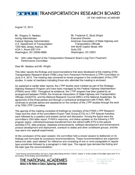 Long-Term Pavement Performance Committee Letter Report: August 13, 2014