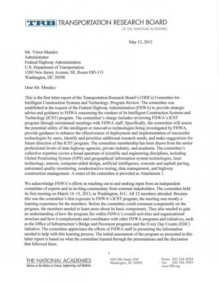 Committee for Intelligent Construction Systems and Technology: Program Review Letter Report: May 13, 2013