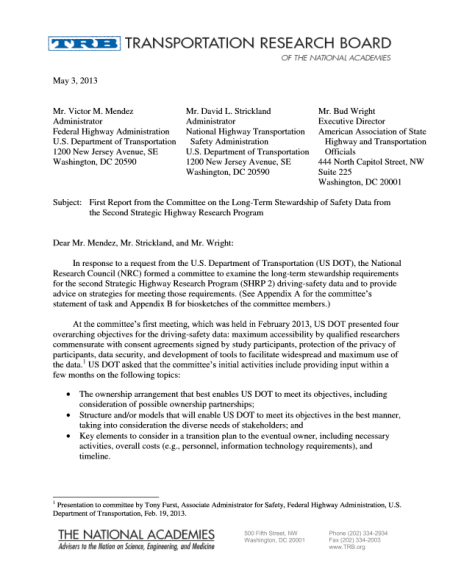 Long-Term Stewardship of Safety Data from the Second Strategic Highway Research Program (SHRP 2) Letter Report: May 3, 2013