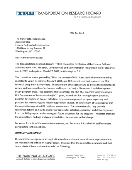 Committee for Review of the Federal Railroad Administration (FRA) Research, Development, and Demonstration Programs Letter Report: May 31, 2012