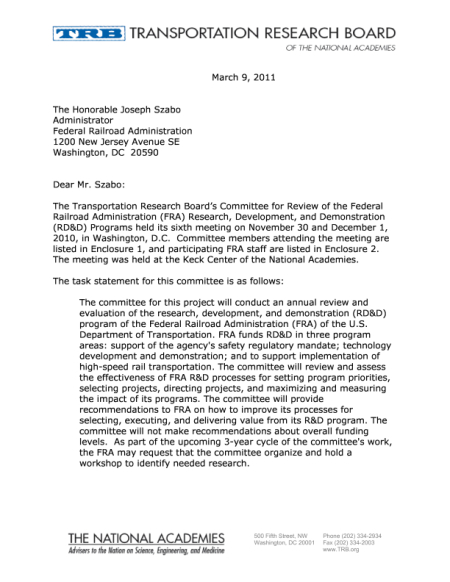 Committee for Review of the Federal Railroad Administration Research, Development, and Demonstration Programs Letter Report: March 9, 2011
