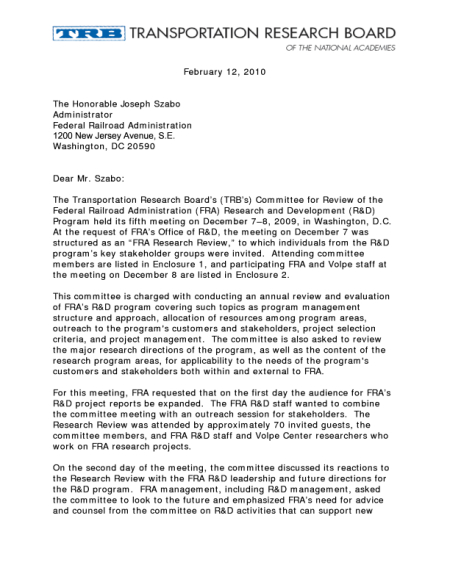 Review of the Federal Railroad Administration Research and Development Program: Letter Report February 2010
