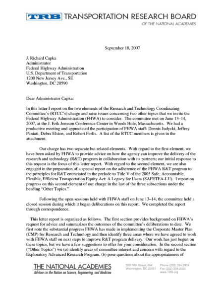 Research and Technology Coordinating Committee Letter Report: September 2007