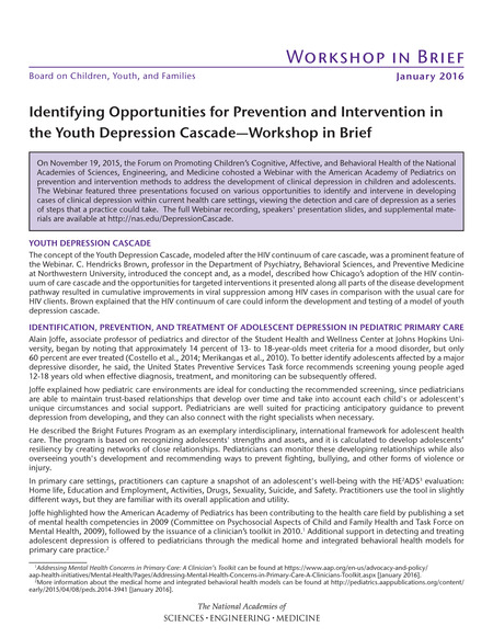 Identifying Opportunities for Prevention and Intervention in the Youth Depression Cascade: Workshop in Brief