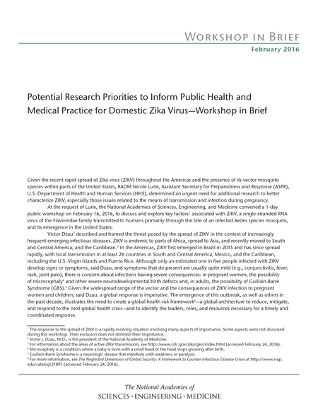 Potential Research Priorities to Inform Public Health and Medical Practice for Domestic Zika Virus: Workshop in Brief