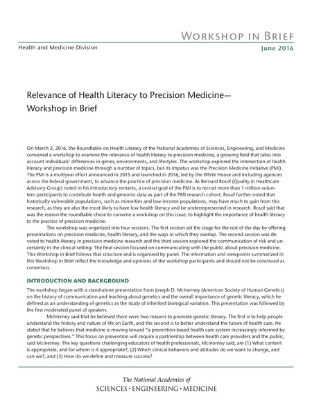 Relevance of Health Literacy to Precision Medicine: Workshop in Brief