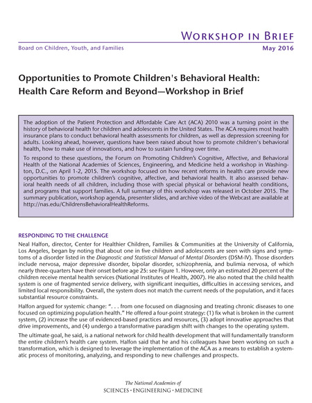 Opportunities to Promote Children's Behavioral Health: Health Care Reform and Beyond: Workshop in Brief
