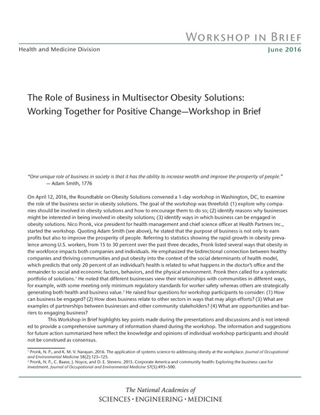 The Role of Business in Multisector Obesity Solutions: Working Together for Positive Change: Workshop in Brief