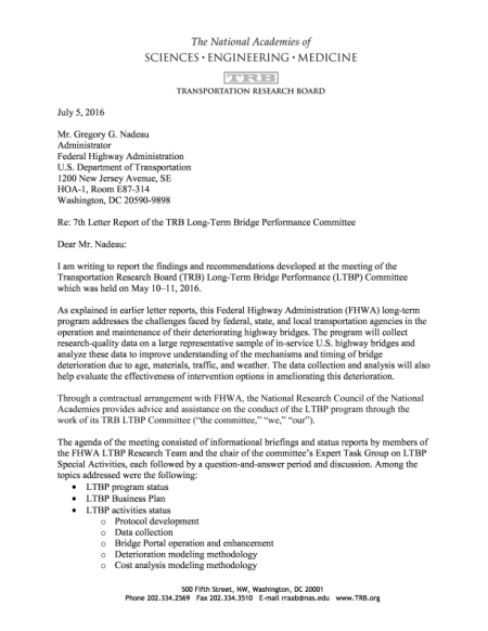 Long-Term Bridge Performance Committee Letter Report: July 5, 2016