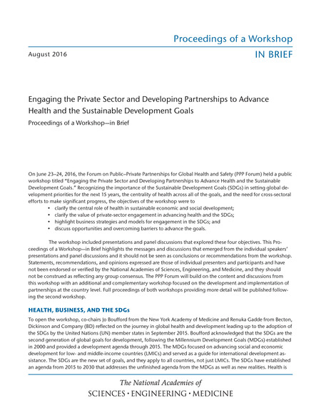 Cover: Engaging the Private Sector and Developing Partnerships to Advance Health and the Sustainable Development Goals: Proceedings of a Workshop—in Brief